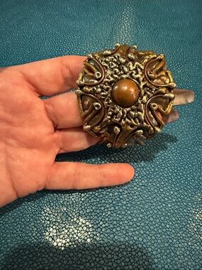 Antique-Style Ornate Metal Cuff Bracelet in Brass Tone with Brown Stone